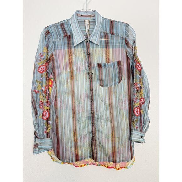Aratta Silent Journey Shirt Womens XS Sheer Embroidered Floral Button Front Boho - Picture 9 of 12